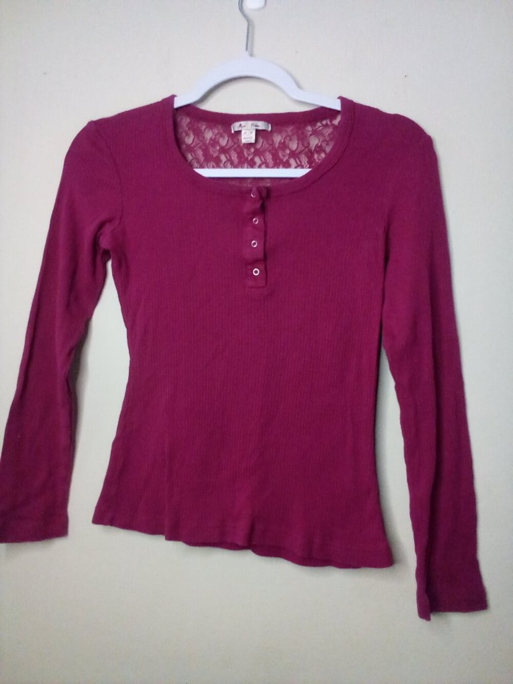 Miss Bisou Shirt Women M Long Sleeve Ribbed Lace Y2K Purple